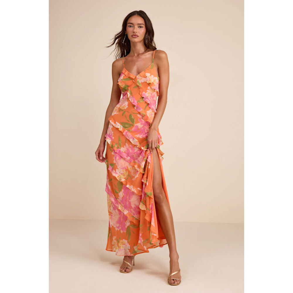 Lulus Zarina Orange Multi Floral Ruffled Maxi Dress - Size XL